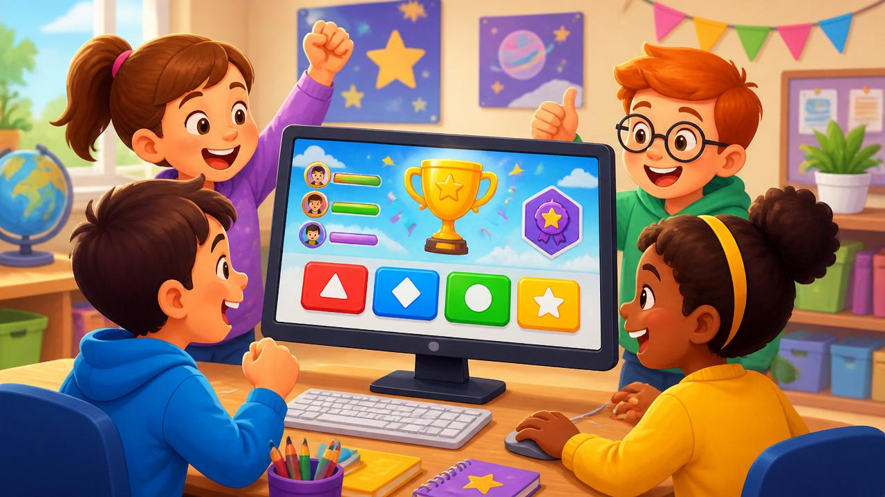 Niños de primaria participando en un juego educativo en una pantalla con trofeos y estrellas