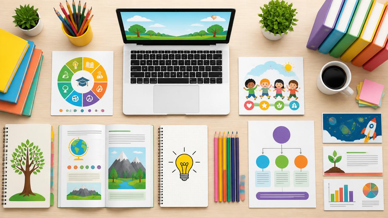 Materiales educativos variados: libros, infografías, presentaciones y una laptop sobre un escritorio
