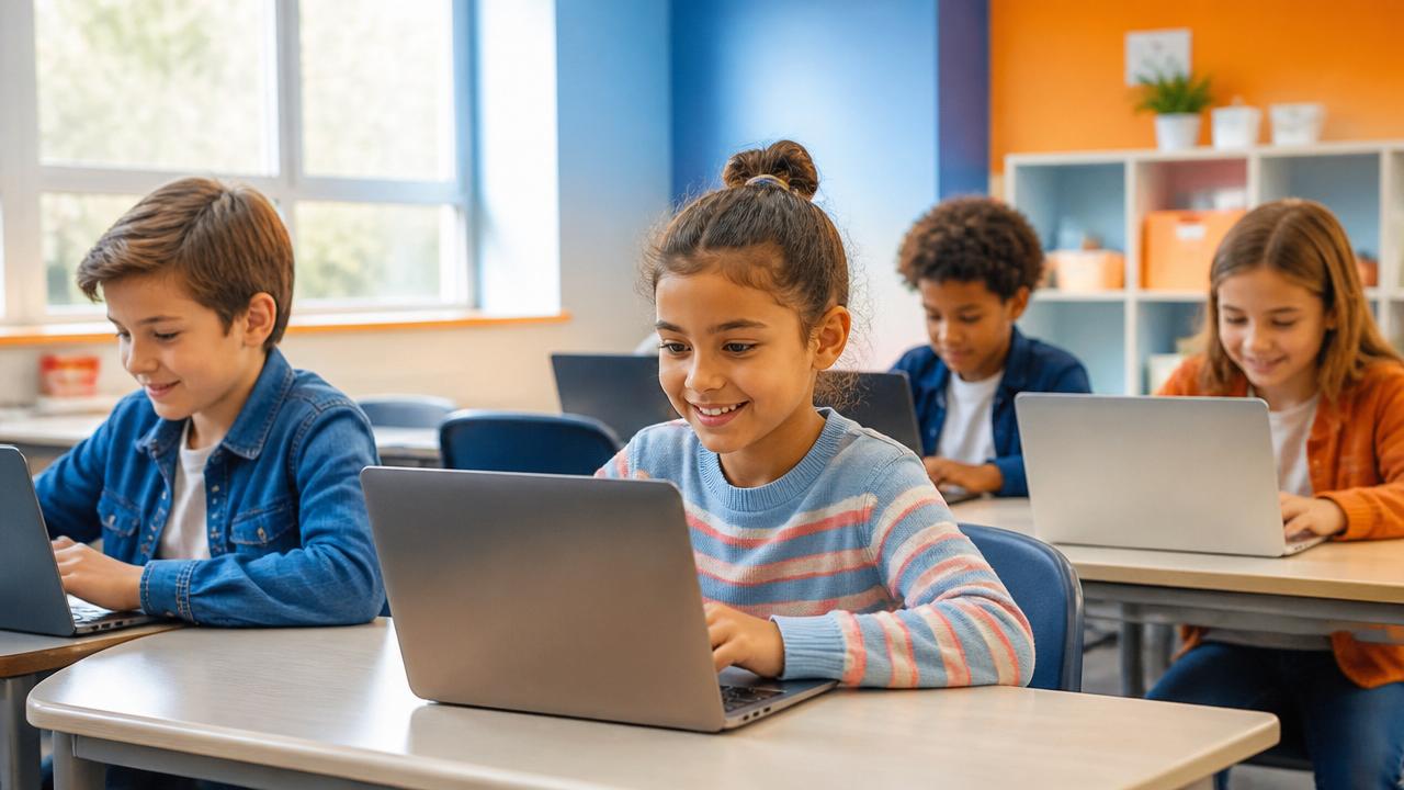 Niños y niñas de primaria usando computadoras portátiles en un aula luminosa y colorida