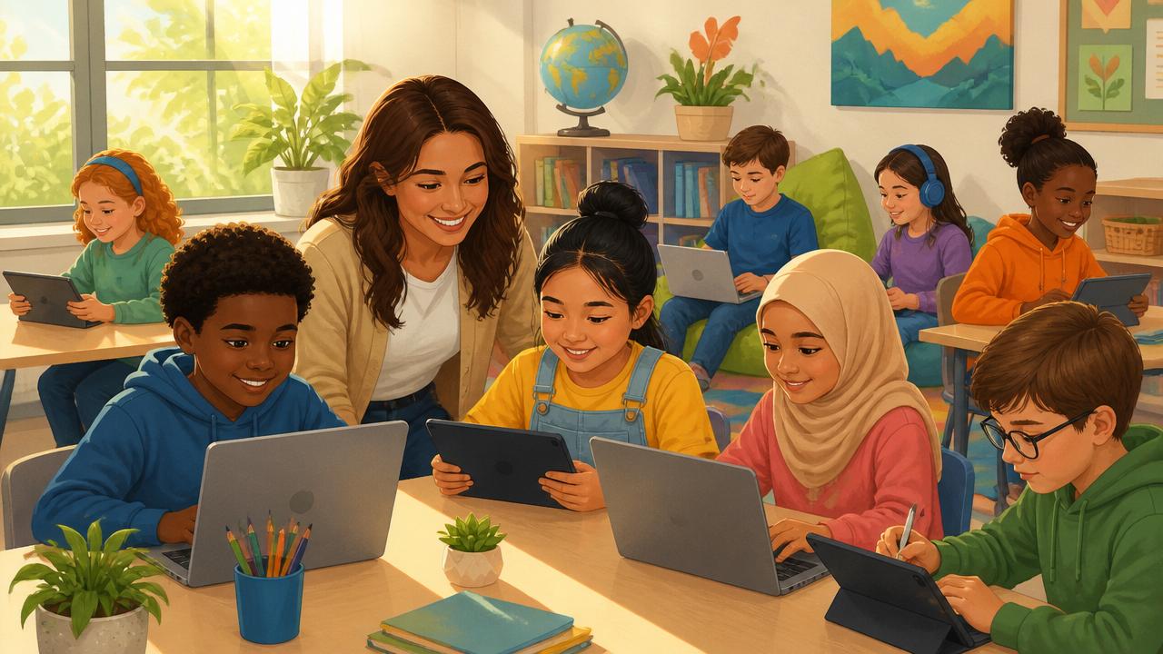 Docente y grupo diverso de niños de primaria usando tablets y laptops en un aula luminosa