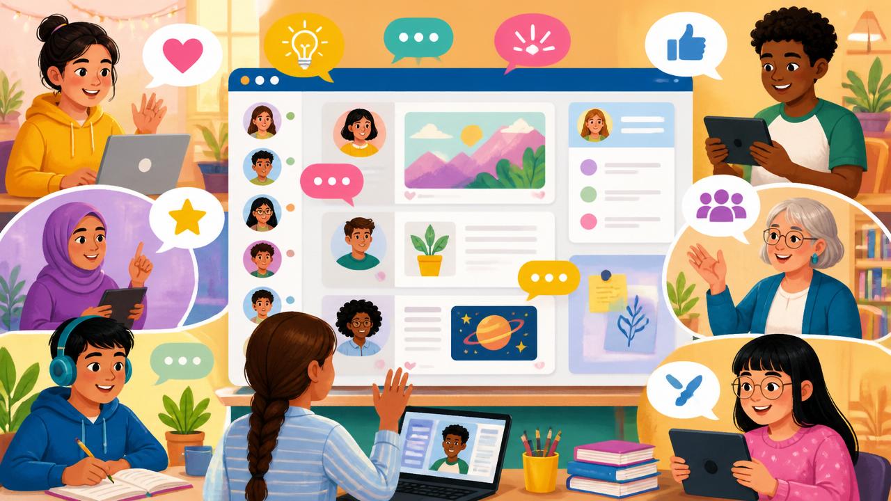 Estudiantes y docentes compartiendo ideas y mensajes en una comunidad educativa digital